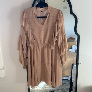 MITILLY Women's Long Sleeve Dresses V Neck High Waist Ruffle Loose Flowy Mini
